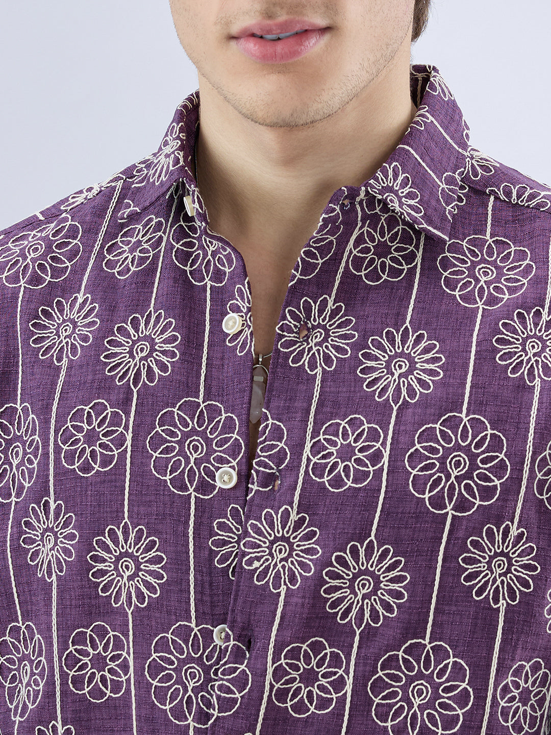 Aubergine Floral Embroidered Slub Shirt