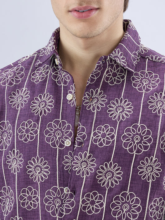 Aubergine Floral Embroidered Slub Shirt