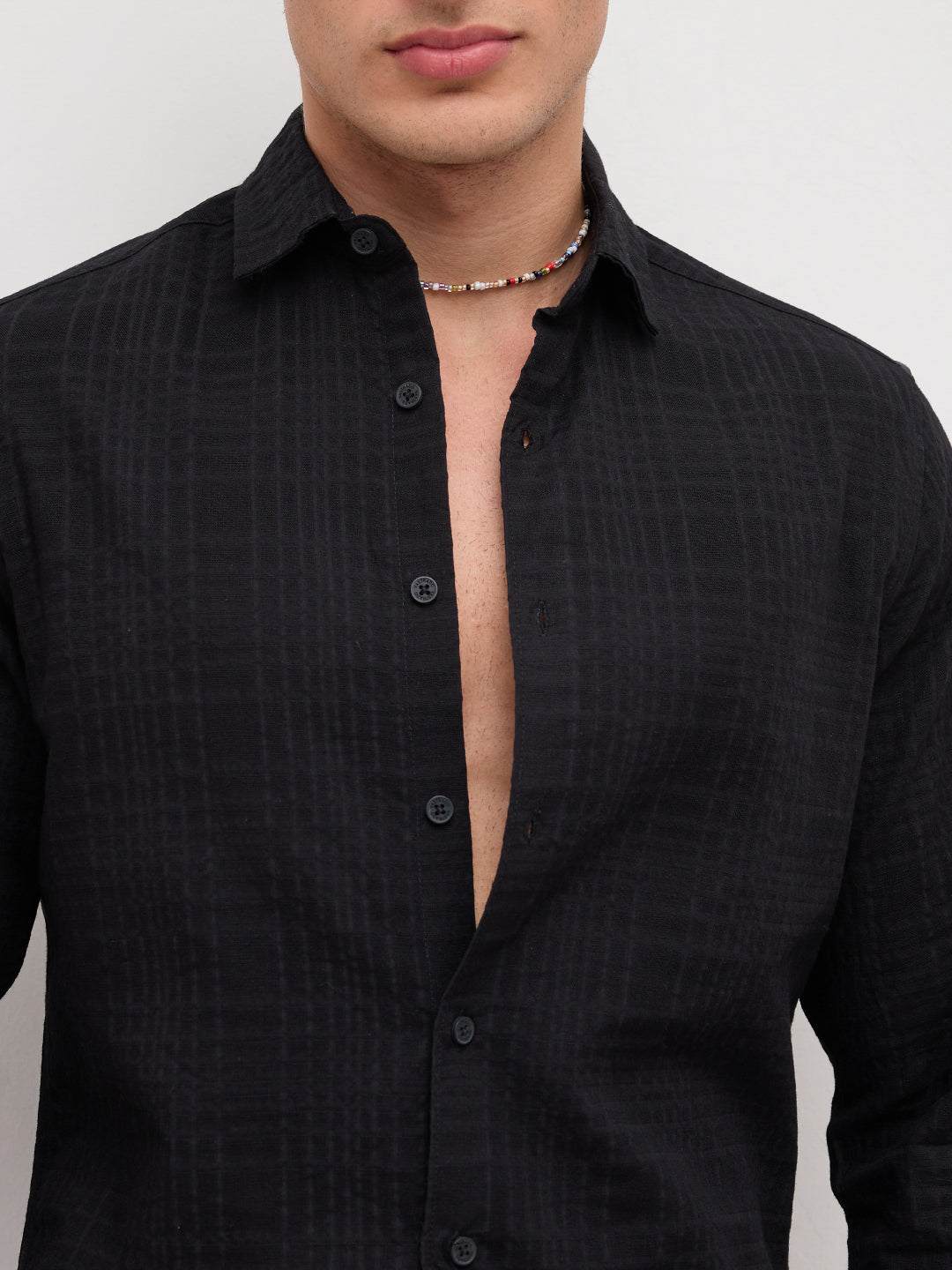 Plush Black Ledger Checks Double Cloth Shirt