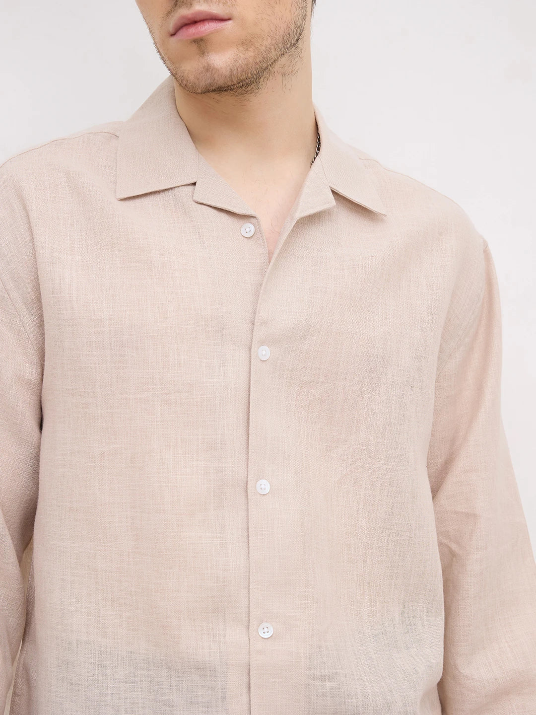 Soft Khaki Sheer Textured Notch Collar Oversized Vacation Shirt