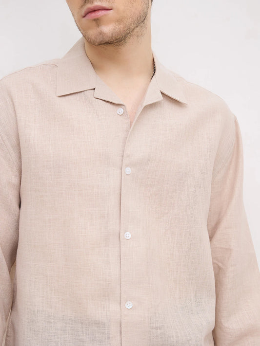 Soft Khaki Sheer Textured Notch Collar Oversized Vacation Shirt