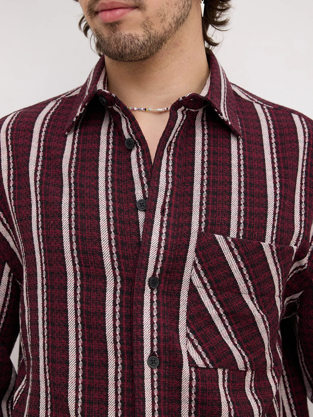 Maroon Contrast Striped Wintercrest Flannel Boxy Fit Crop Shirt
