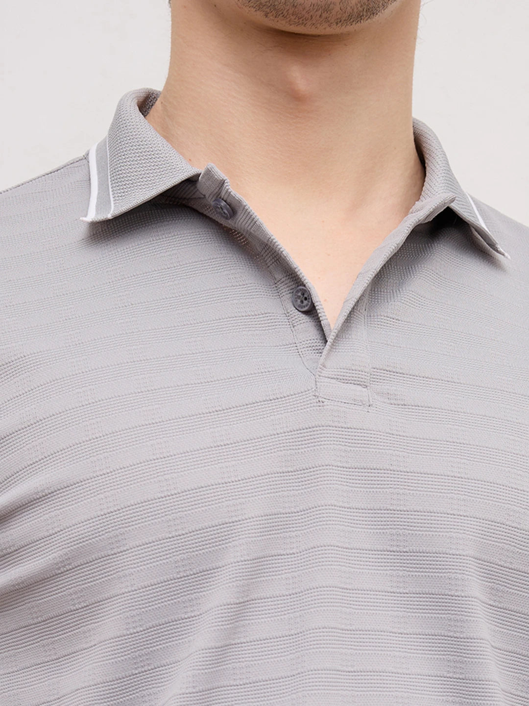 Silver Grey Horizontal Stripe Contrast Polo Knit T-Shirt