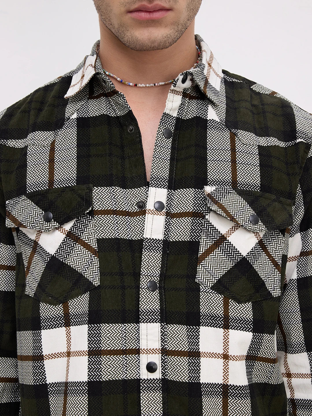 Olive & White Herringbone Weave Checked Flannel Corduroy Shirt