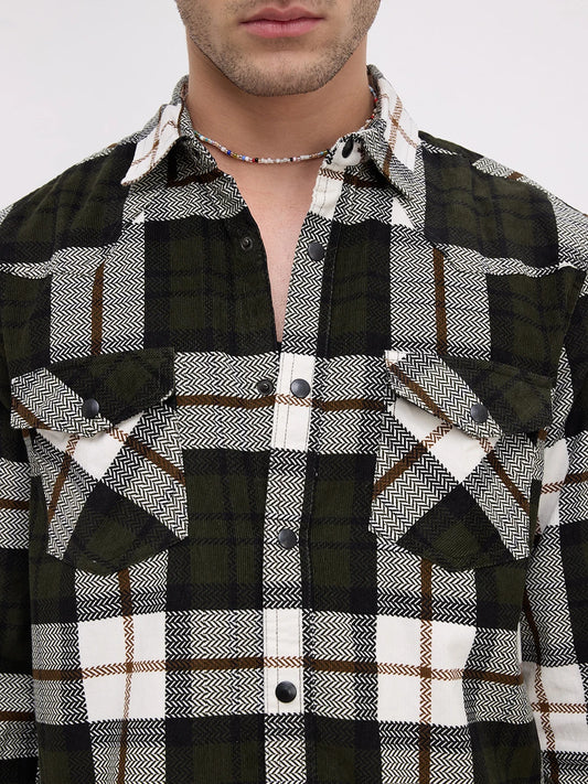 Olive & White Herringbone Weave Checked Flannel Corduroy Shirt