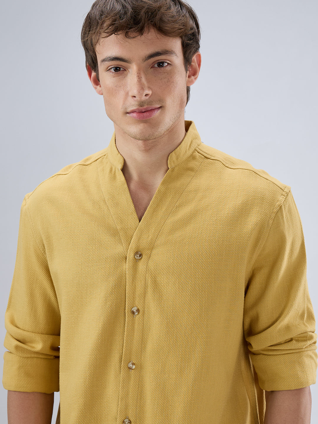 Soft Honey Yellow Diagonal Textured Stand Collar Oversized Shirt