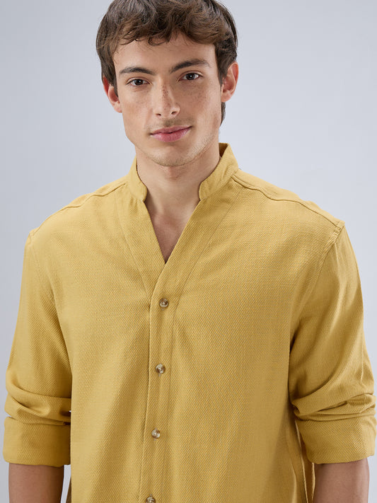 Soft Honey Yellow Diagonal Textured Stand Collar Oversized Shirt