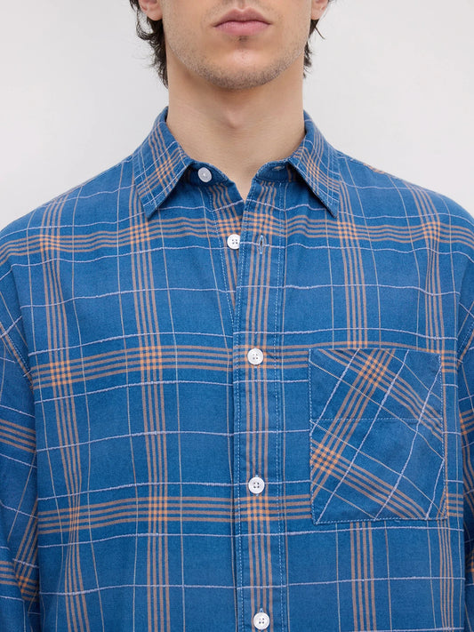 Denim Contrast Square Checks Cuffless Oversized Crop Shirt