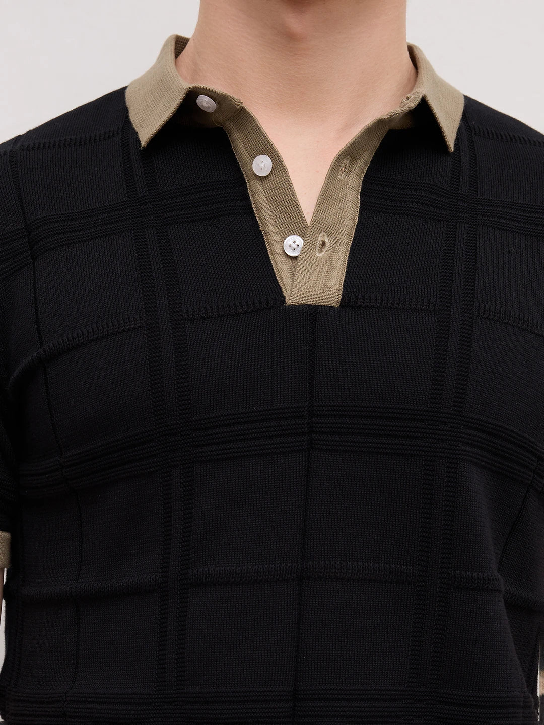 Black Windowpane Textured Contrast Polo Flat Knit T-Shirt