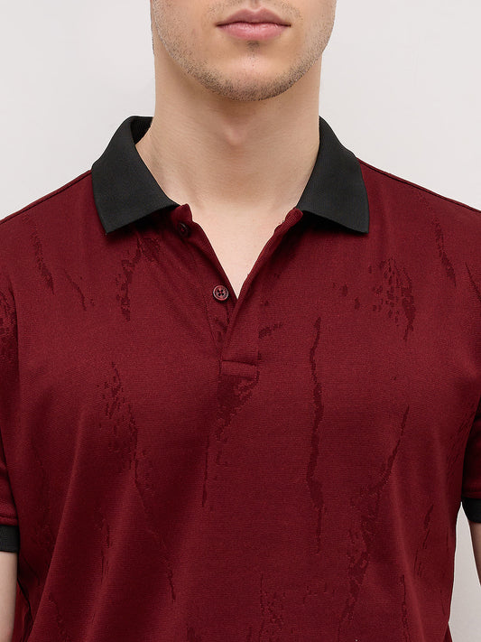 Aesthetic Maroon Textured Contrast Polo Knit T-Shirt