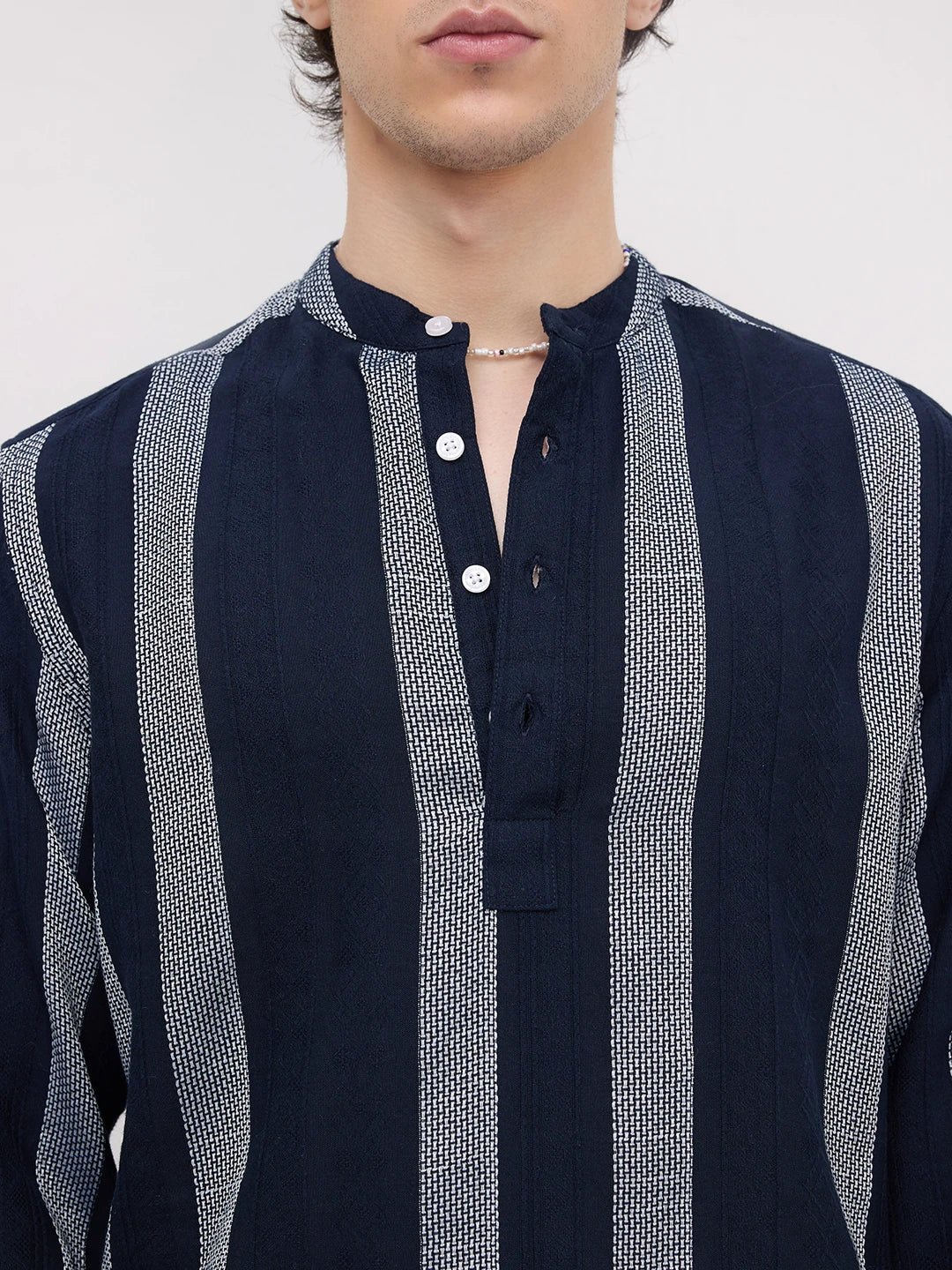 Twilight Navy Artisan Contrast Loom Striped Kurta