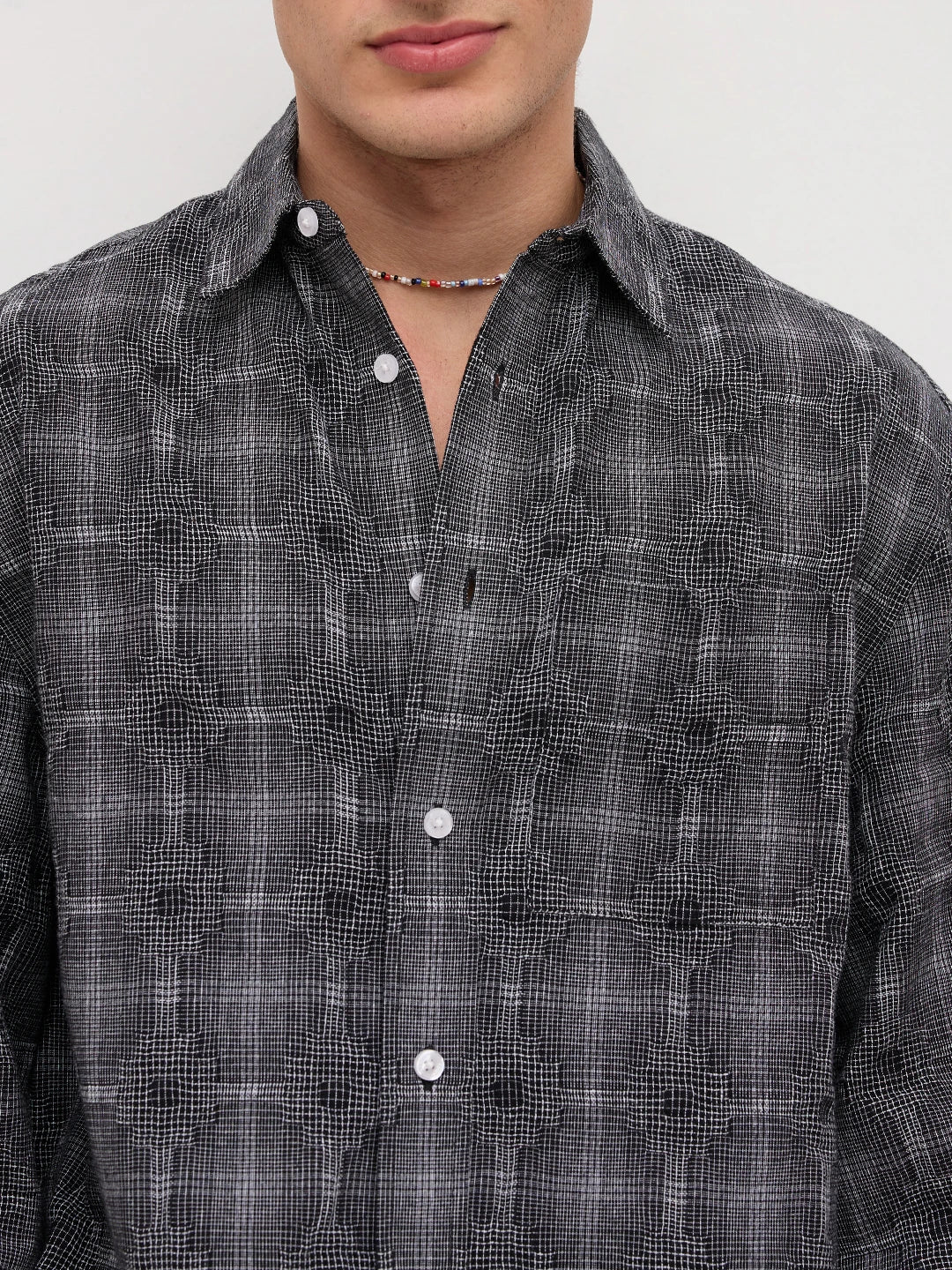 Monochrome Glitch Micro Check Matrix Cuffless Oversized Crop Shirt