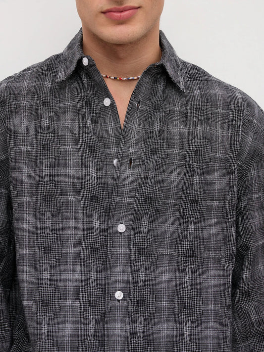 Monochrome Glitch Micro Check Matrix Cuffless Oversized Crop Shirt