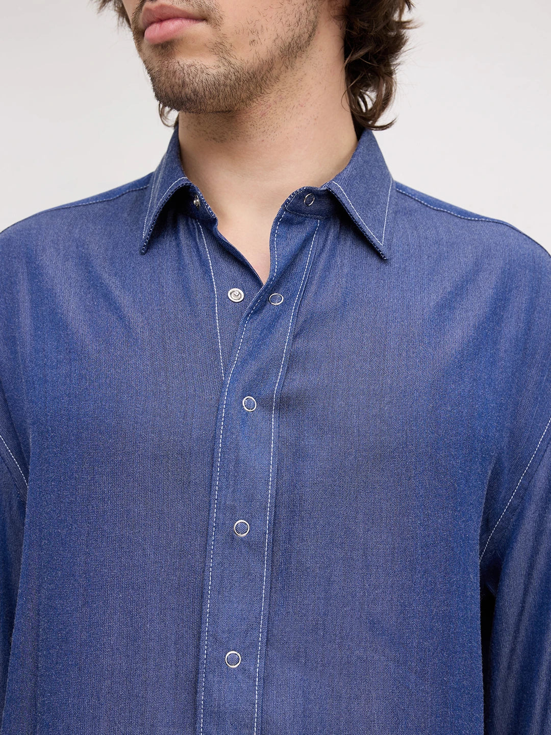 Navy Soft Sheen Woven Contrast Stitch Boxy Fit Crop Shirt