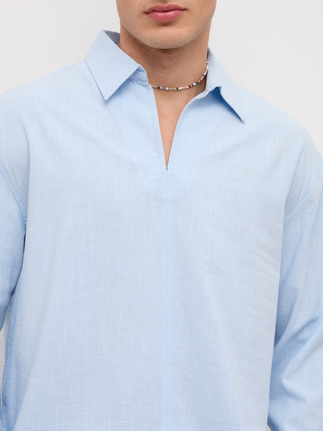 Refreshing Blue Slub Textured Center Seam Oversized Polo Shirt