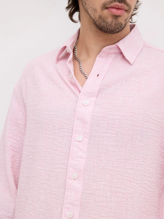 Lustrous Blush Pink Textured Boxy Fit Crop Shirt