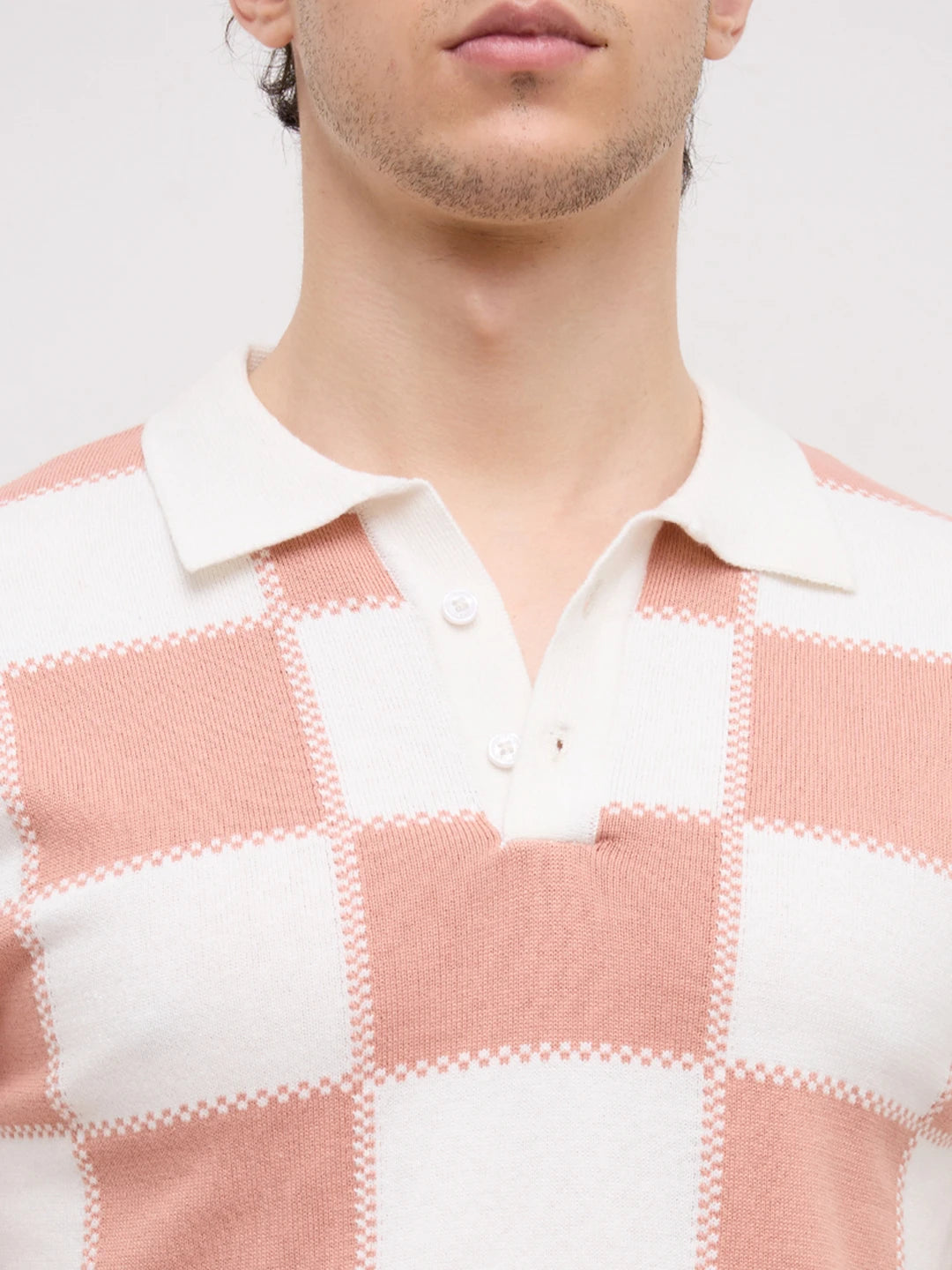 Scalloped Soft Peach Block Checks Polo Flat Knit T-shirt