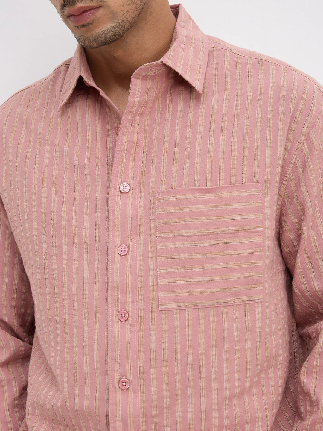 Georgia Peach Fine Seersucker Striped Boxy Fit Crop Shirt