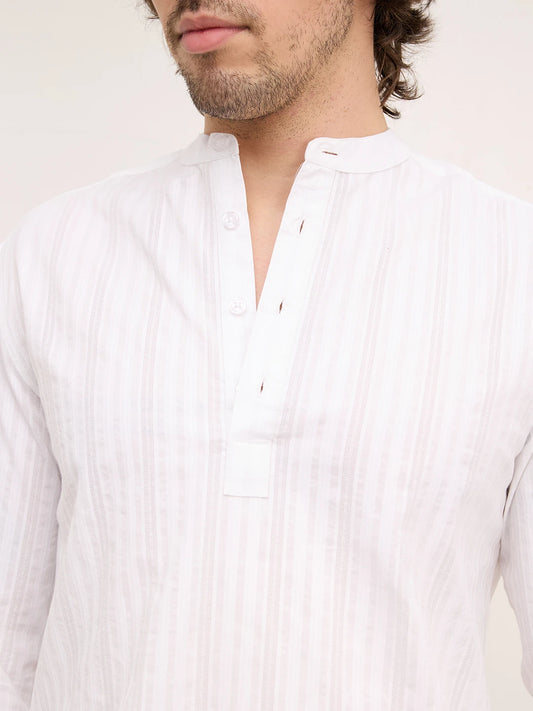 Frost White Diamond Striped Weave Kurta