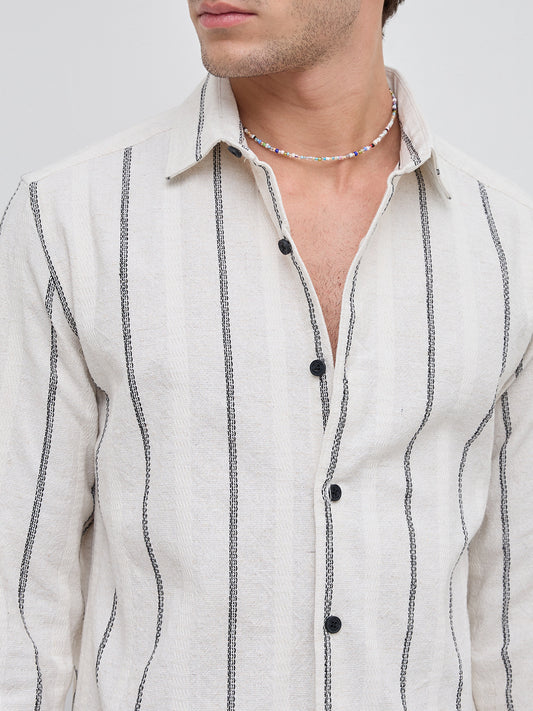 Ivory & Black Embroidered Striped Shirt