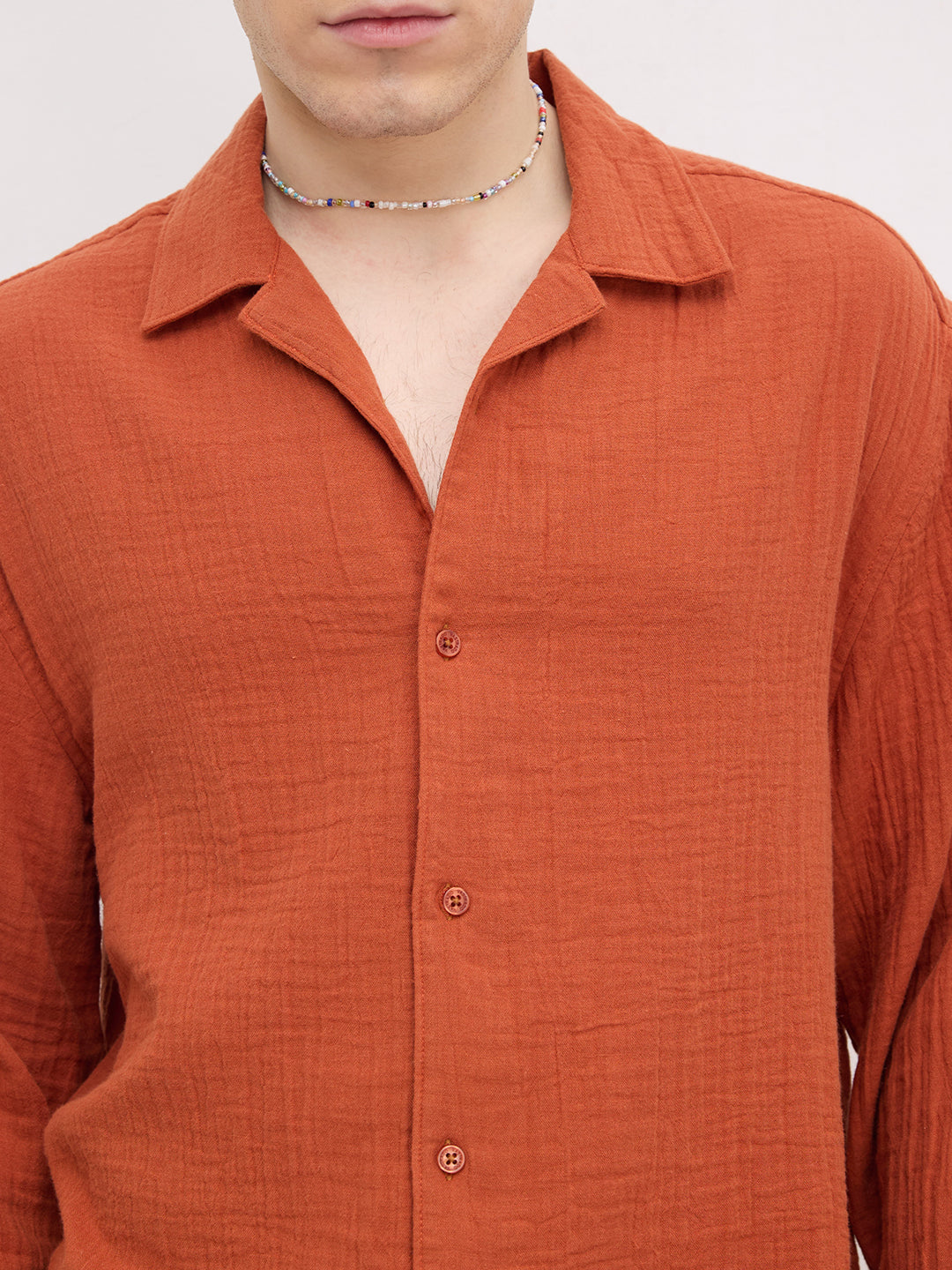 Firey Rust Double Cloth Notch Collar Oversized Shirt
