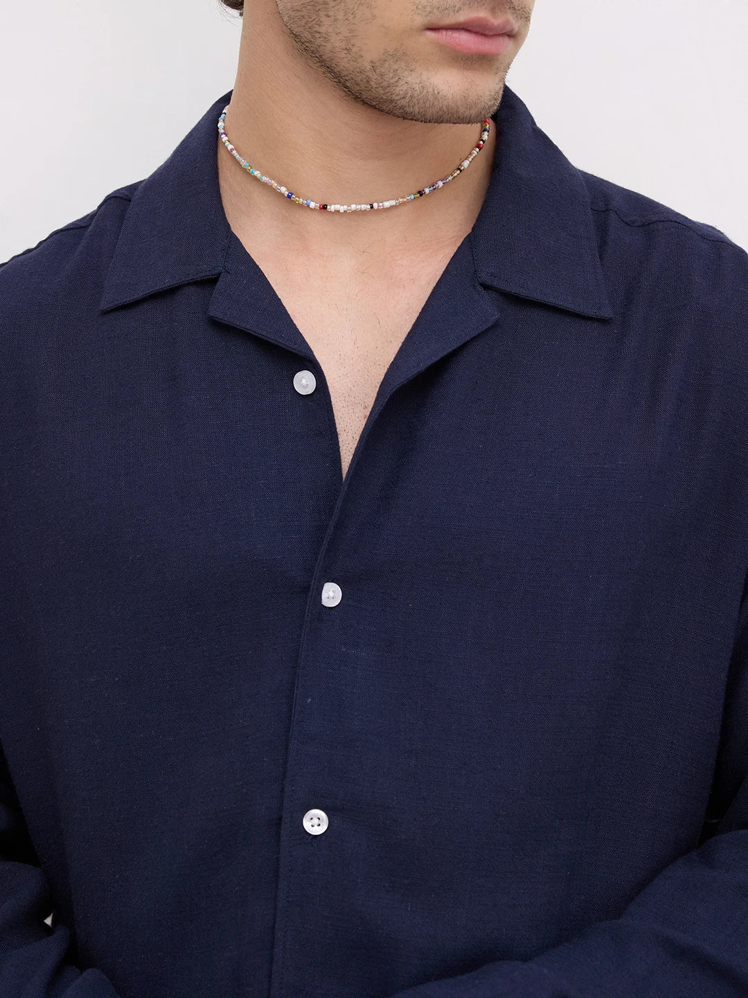 Luxe Navy Fine Textured Linen Blend Notch Collar Oversized Shirt