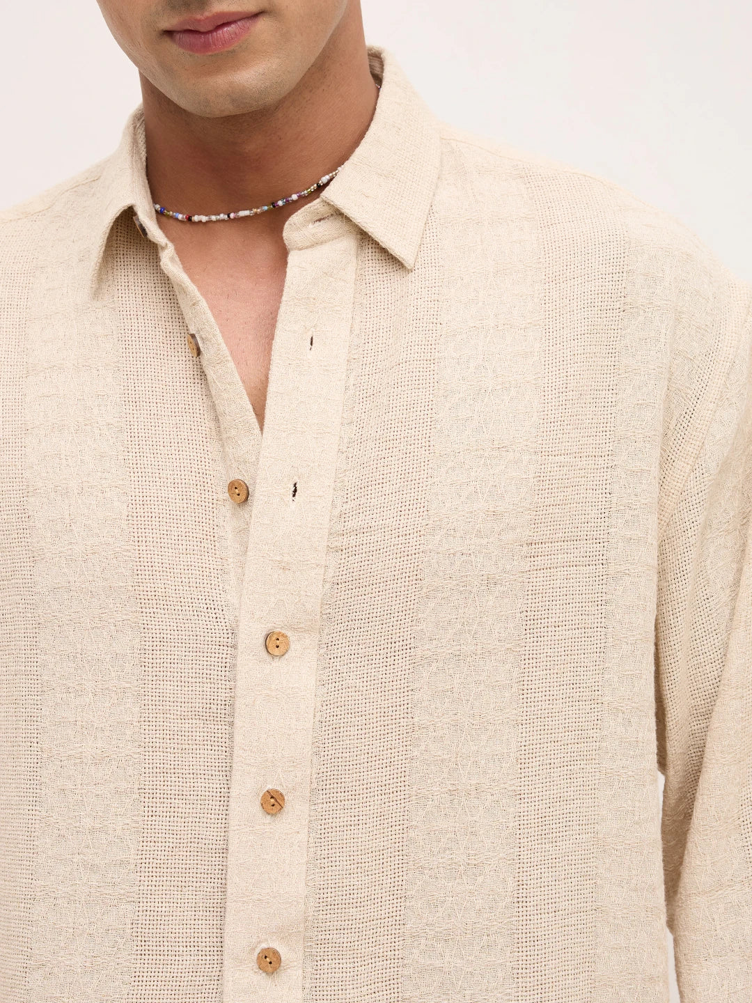 Exquisite Burlap Beige Striped Textured Boxy Fit Crop Shirt