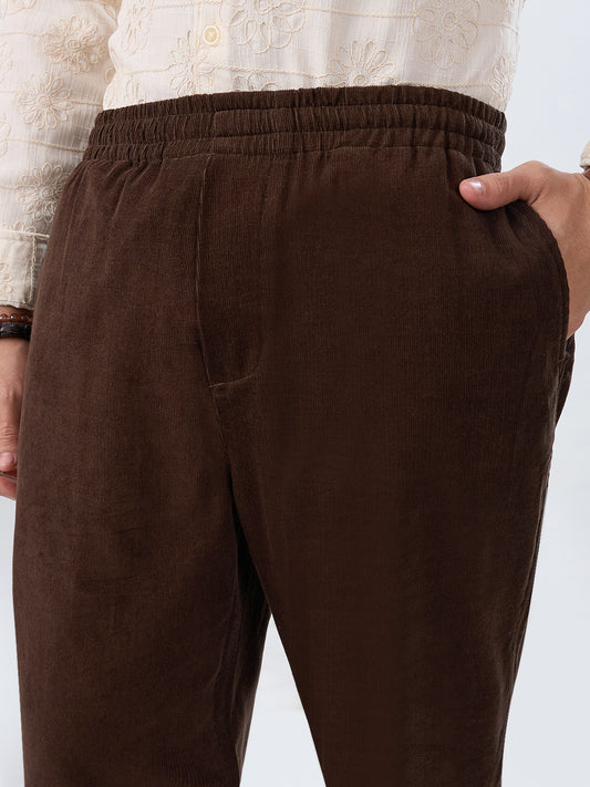 Dark Mocha Brown Corduroy Tapered Trousers