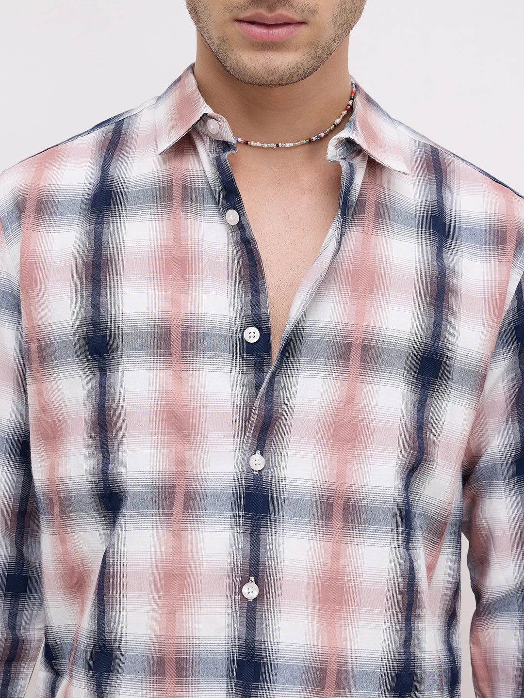 Premium Navy & Pink Textured Plaid Checks Shirt