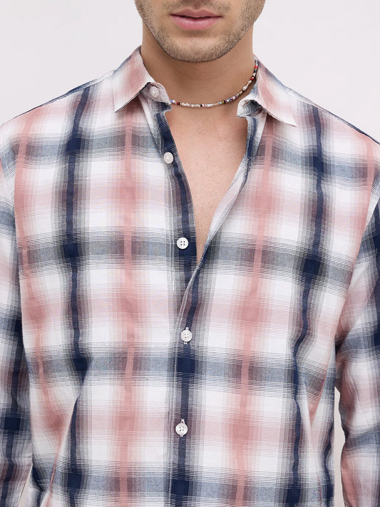Premium Navy & Pink Textured Plaid Checks Shirt