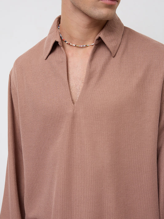 Soft Brown Micro Weave Knitted Oversized Polo Shirt
