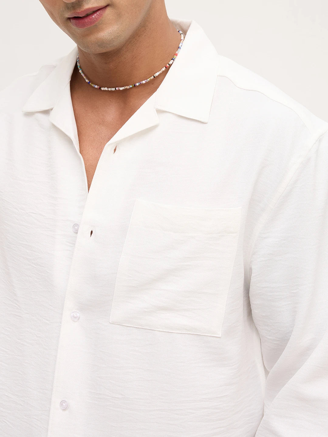 Pearl White Crinkled Notch Collar Oversized Shirt