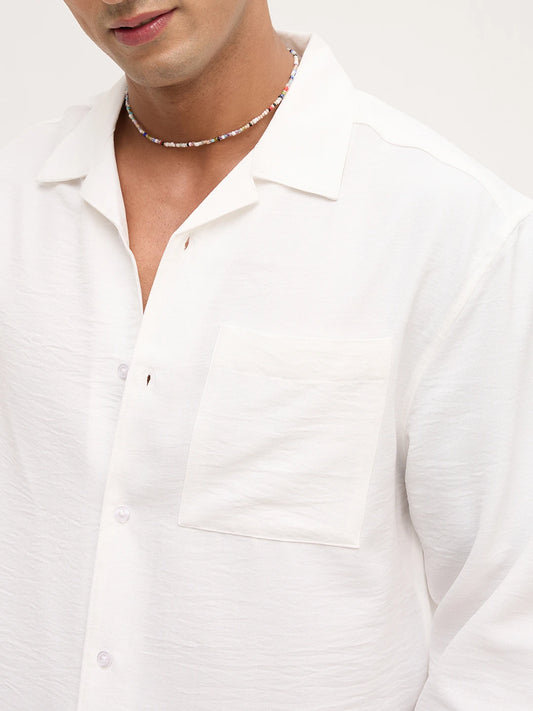 Pearl White Crinkled Notch Collar Oversized Shirt