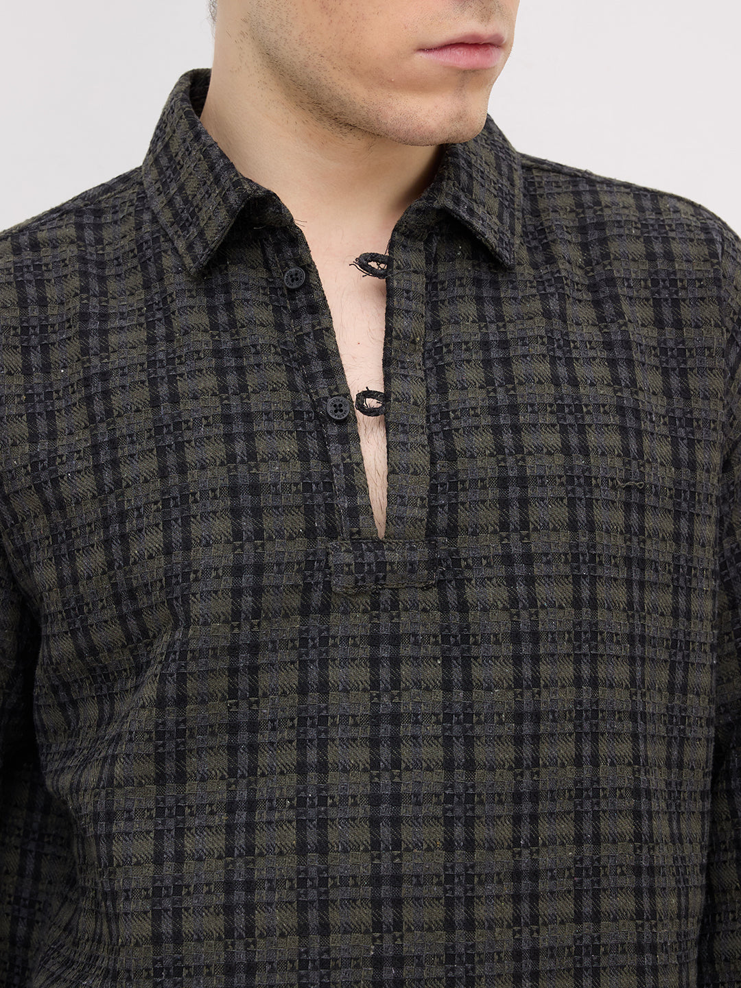 Refined Onyx Black Diamond Weave Loop Button Oversized Flannel Shirt