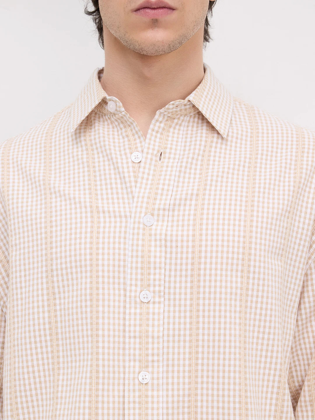 Sand Beige Vacation Checks Boxy Fit Crop Shirt