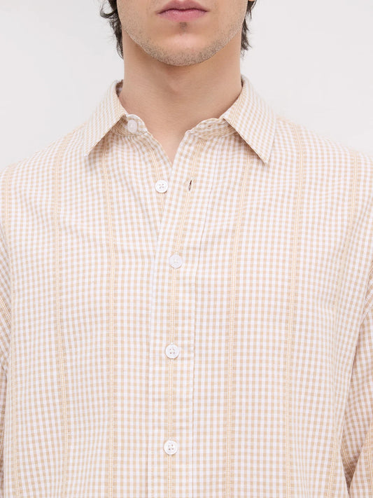 Sand Beige Vacation Checks Boxy Fit Crop Shirt