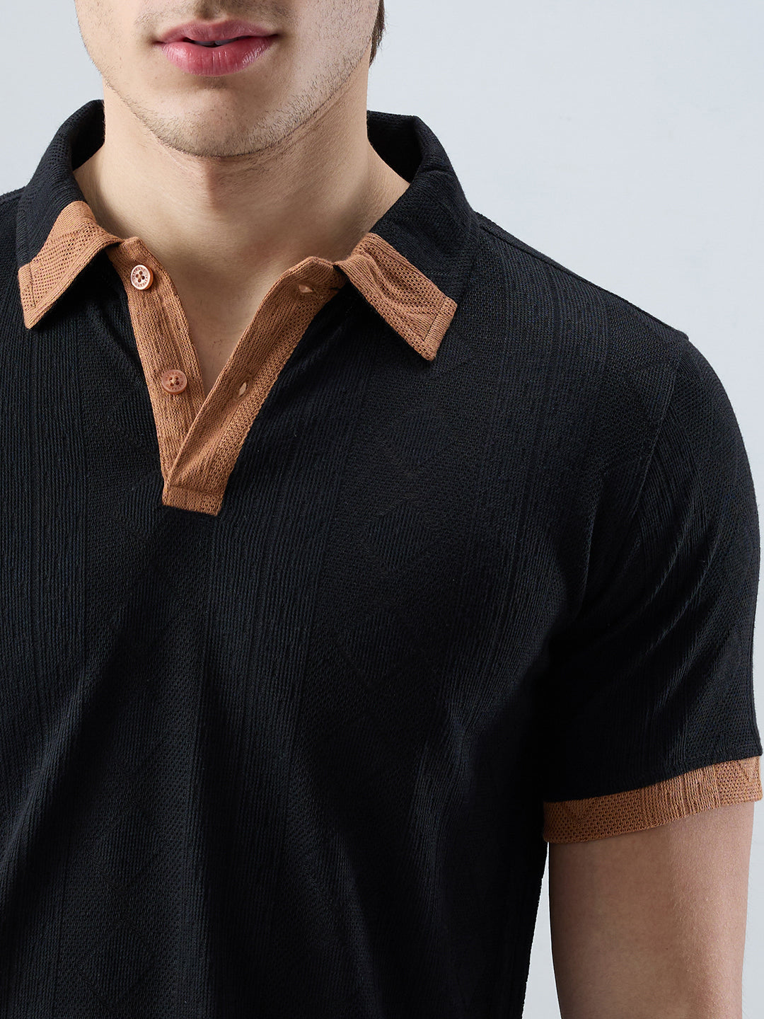 Rich Black Contrast Polo Neck Diamond Weave Knit T-shirt