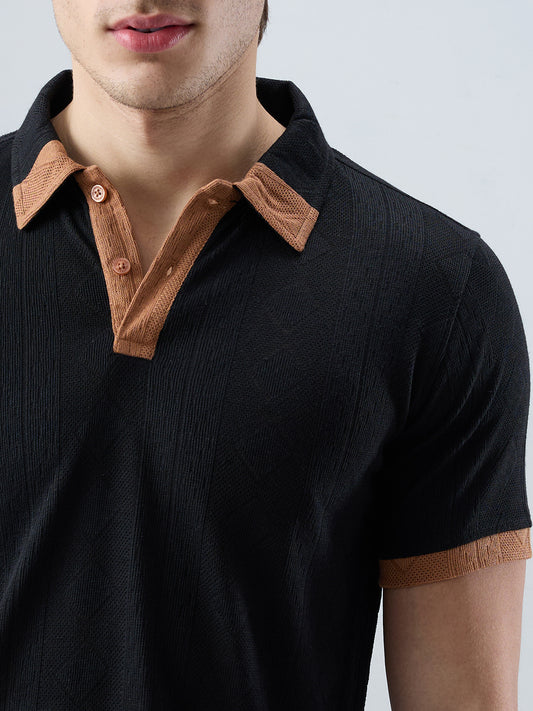 Rich Black Contrast Polo Neck Diamond Weave Knit T-shirt