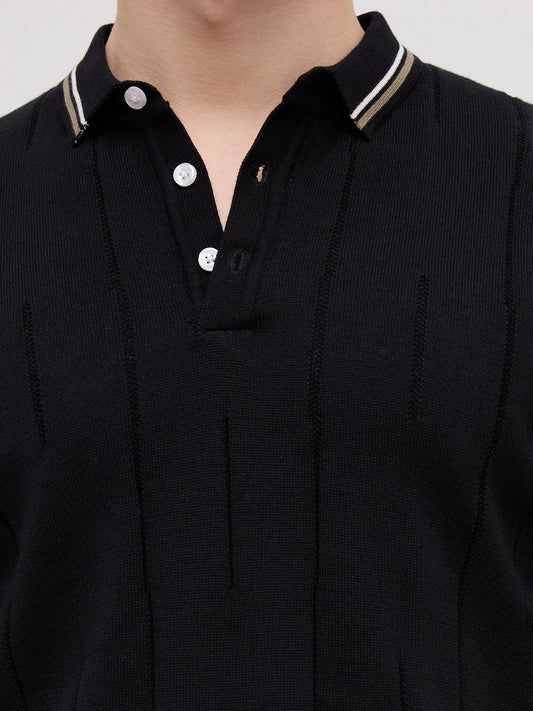 Black Ribline Contrast Polo Knit T-Shirt