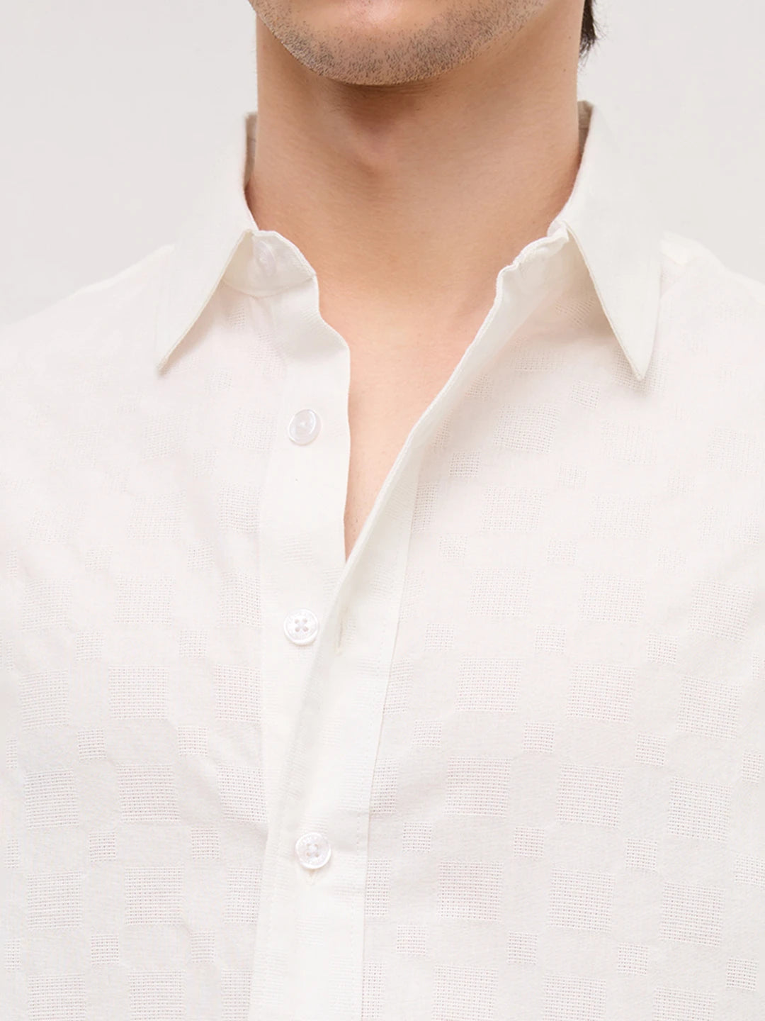 Luxe Pearl White Square Embossed Boxy Fit Crop Shirt