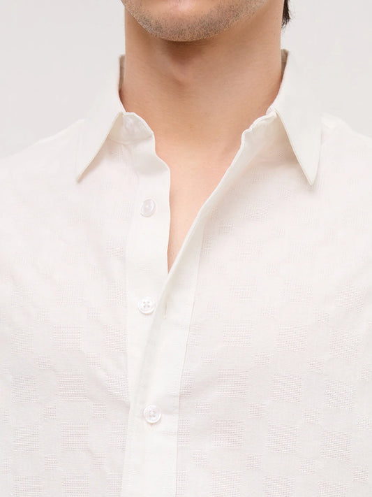 Luxe Pearl White Square Embossed Boxy Fit Crop Shirt