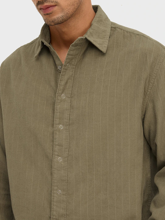 Luxe Olive Herringbone Corduroy Boxy Fit Crop Winter Shirt