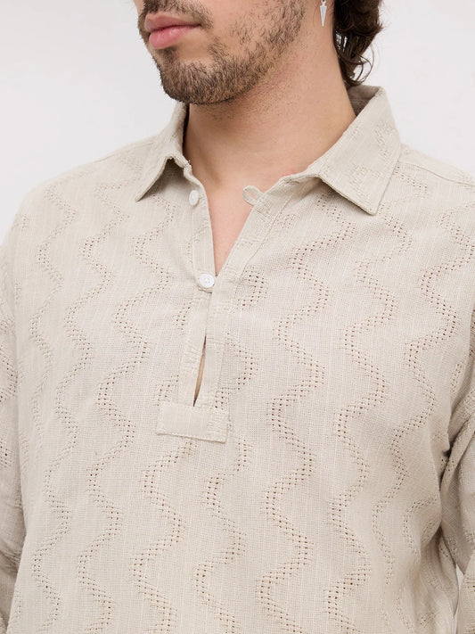 Ash Grey Intricate Crossweave Jacquard Loop Button Oversized Shirt