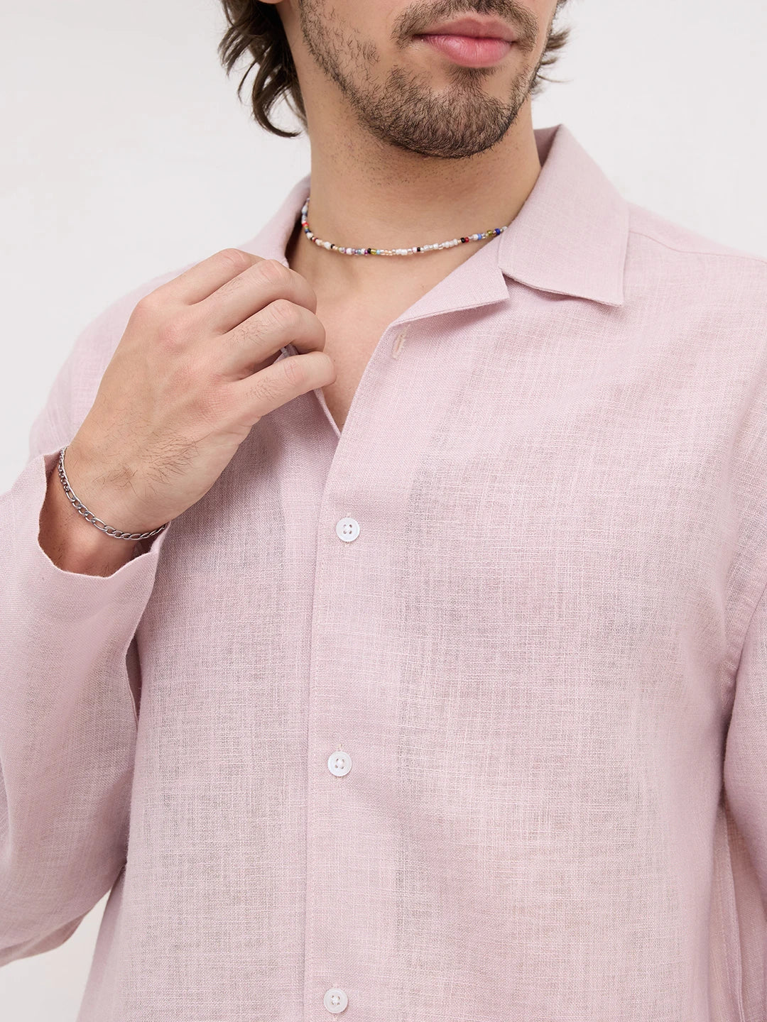 Blush Pink Fine Textured Notch Collar Oversized Shirt