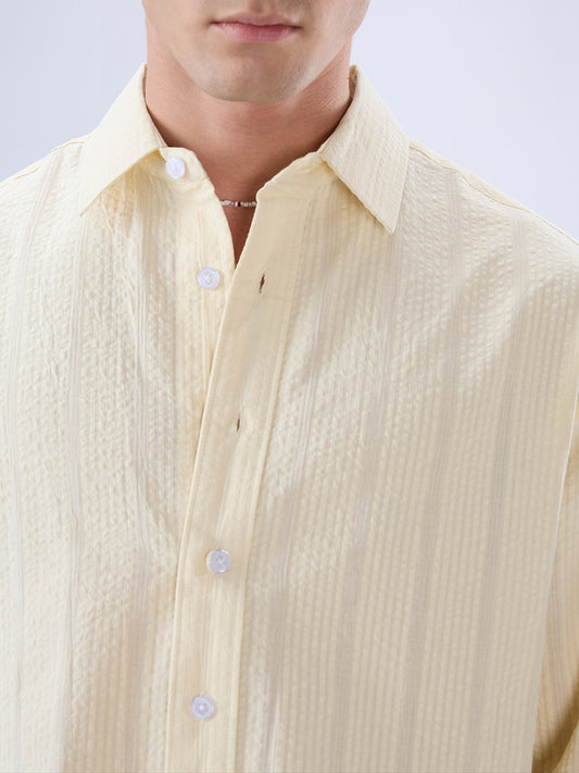Lemon Yellow Seersucker Striped Boxy Fit Crop Shirt
