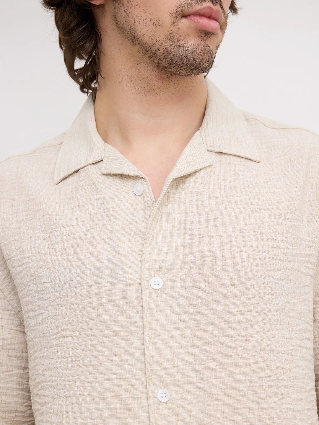 Warm Beige Crinkled  Notch Collar Oversized Shirt