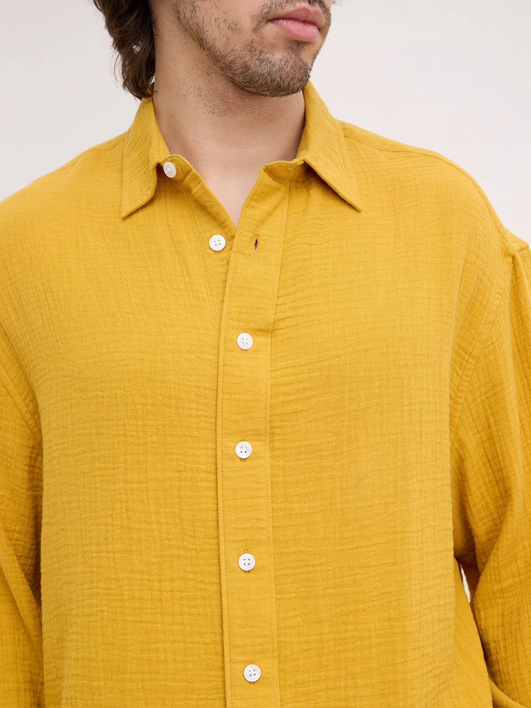Radiant Gold Double Cloth Boxy Fit Crop Shirt