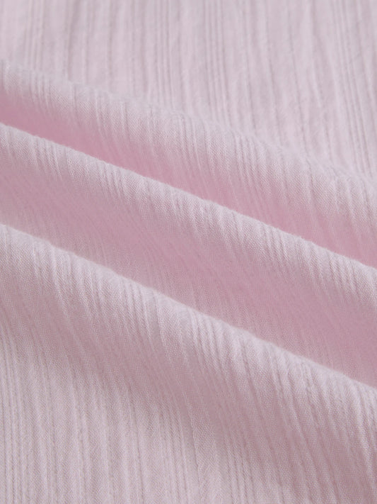 Soft Baby Pink Double Cloth Seersucker Striped Boxy Fit Crop Shirt