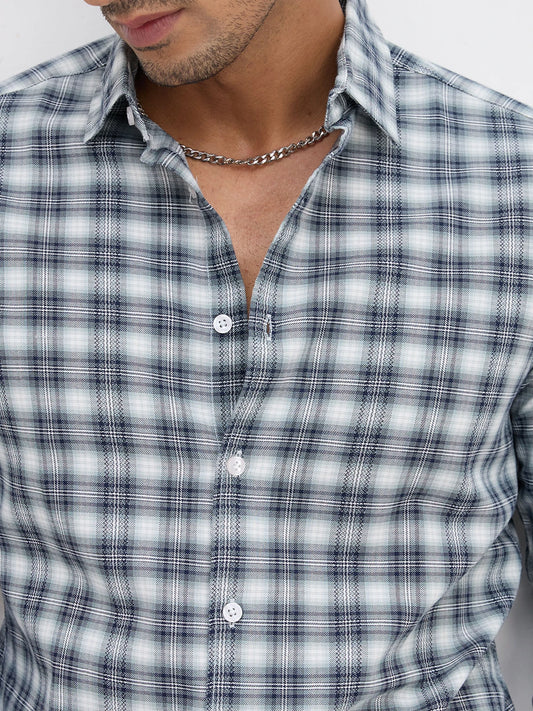 Green & Navy Refined Crossweave Checked Shirt