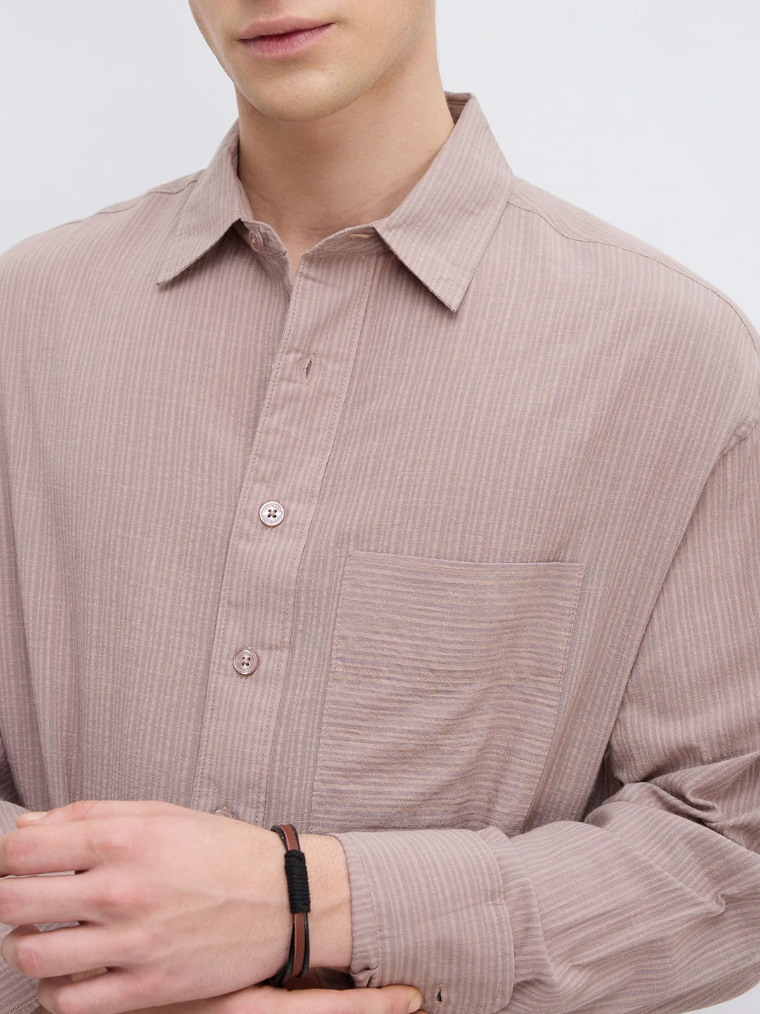 Taupe Brown Fine Striped Boxy Fit Crop Shirt